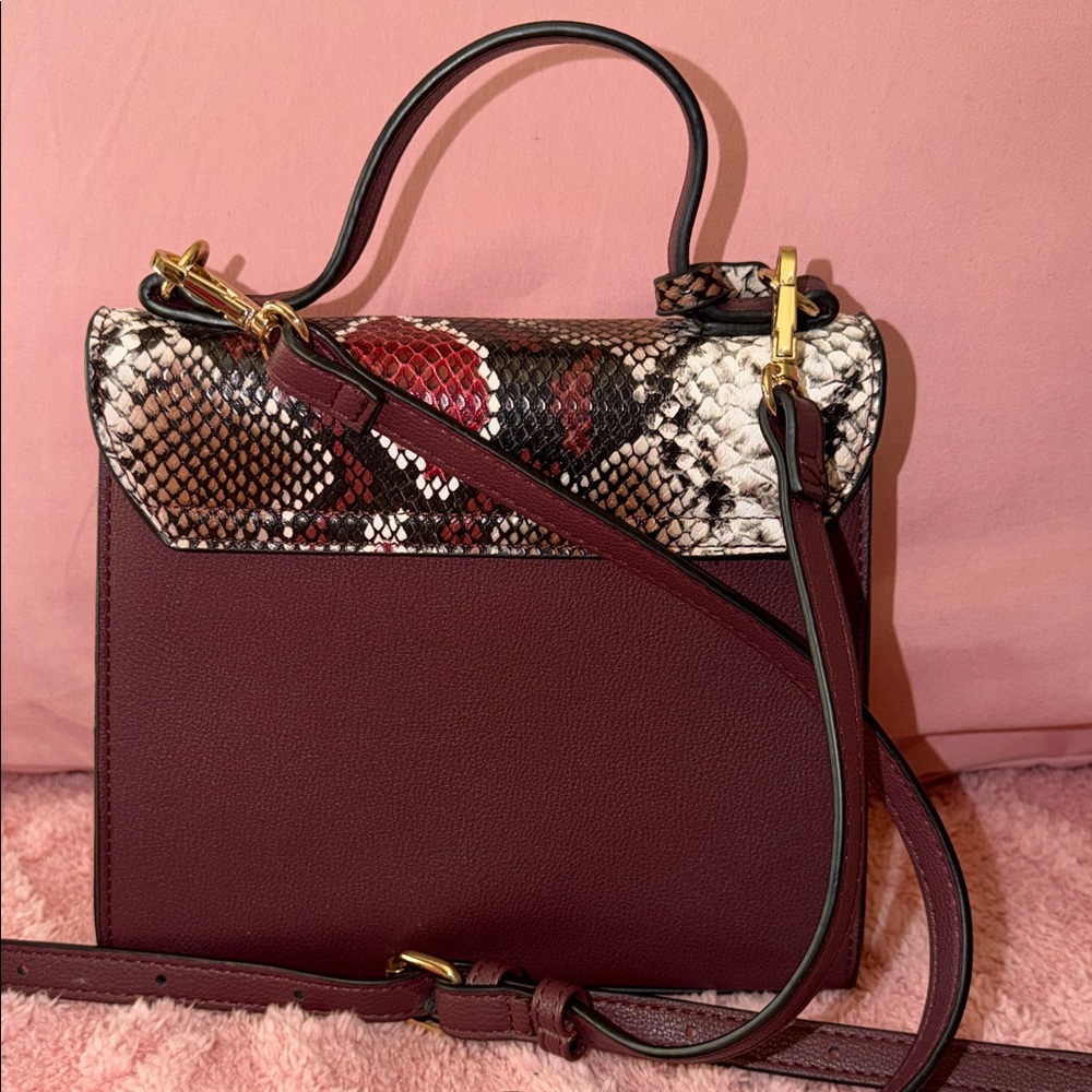 Dune London Burgundy Satchel with Snake-Print Flap - Picture 4 of 9